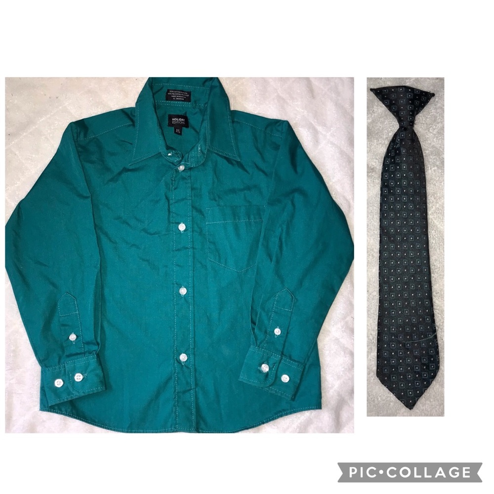 Holiday Editions teal button down long sleeve shirt with tie size S 6/7